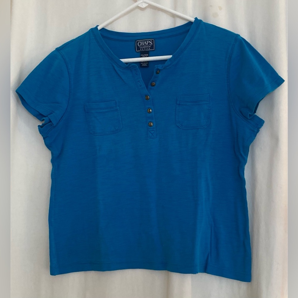 Chaps Vibrant Blue Cap Sleeve Henley Button Front Tee Size XLP